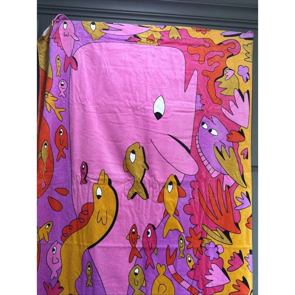 T9~ NIB Bedsure 100% Cotton Colorful Fish Whale Ocean 70